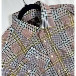 Hickey Freeman Plaid LG Oxford Dress Shirt Point Collar Cotton Purple Tan Blue